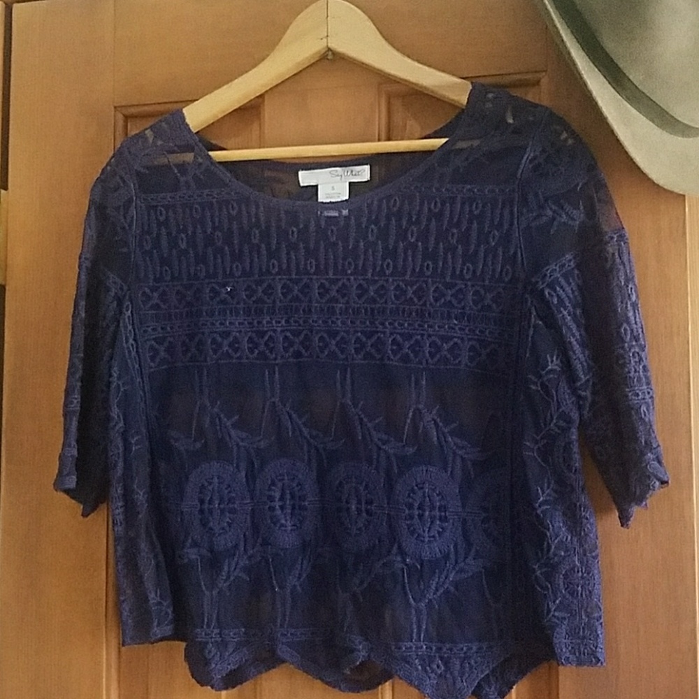 Navy Blue Lace Elbow Length Sleeve Blouse - Picture 2 of 5